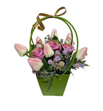 Сумочка розы розовые со светло-розовыми тюльпанами 31*21 см (зеленая) 0511-4 фото