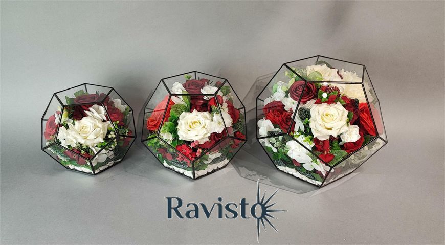 РИТУАЛЬНАЯ СКАРБНАЯ КОМПОЗИЦИЯ ИЗ ИСКУССТВЕННЫХ ЦВЕТОВ ПОД СТЕКЛОМ &laquo;С ЛЮБОВЬЮ В СЕРДЦЕ&raquo;, форма мяча 24*24*24 см E001 фото